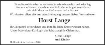 Traueranzeige von Horst Lange von ALLGEMEINE ZEITUNG UELZEN