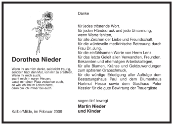 Traueranzeige von Dorothea Nieder von ALLGEMEINE ZEITUNG UELZEN