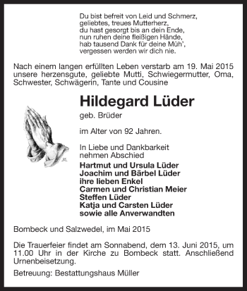 Traueranzeige von Hildegard Lüder von Uelzen