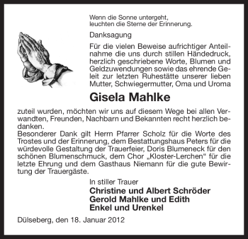 Traueranzeige von Gisela Mahlke von ALLGEMEINE ZEITUNG UELZEN