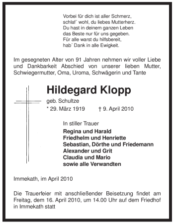 Traueranzeige von Hildegard Klopp von ALLGEMEINE ZEITUNG UELZEN