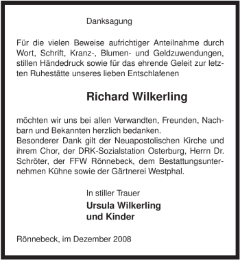 Traueranzeige von Richard Wilkerling von ALLGEMEINE ZEITUNG UELZEN