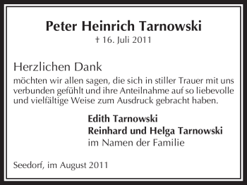 Traueranzeige von Peter Heinrich Tarnowski von ALLGEMEINE ZEITUNG UELZEN