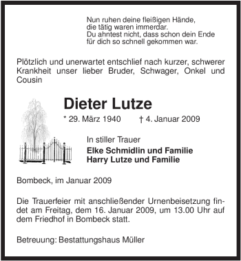 Traueranzeige von Dieter Lutze von ALLGEMEINE ZEITUNG UELZEN