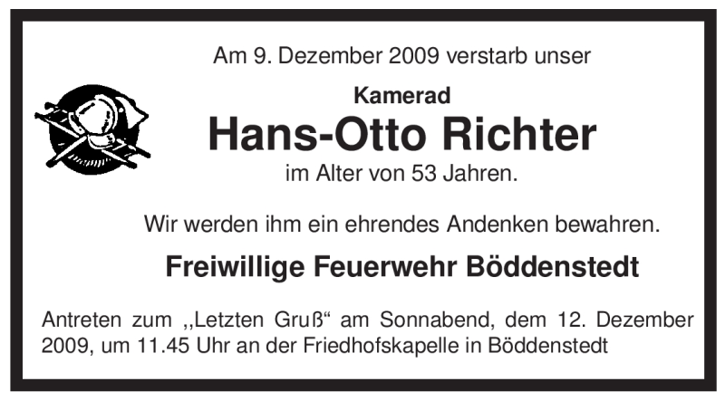  Traueranzeige für Hans-Otto Richter vom 11.12.2009 aus ALLGEMEINE ZEITUNG UELZEN