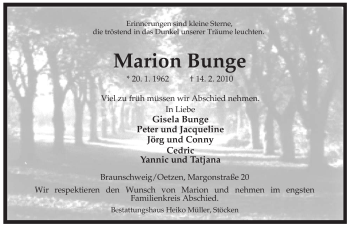 Traueranzeige von Marion Bunge von ALLGEMEINE ZEITUNG UELZEN