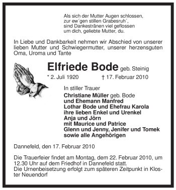 Traueranzeige von Elfriede Bode von ALLGEMEINE ZEITUNG UELZEN