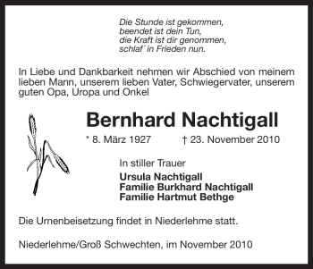 Traueranzeige von Bernhard Nachtigall von ALLGEMEINE ZEITUNG UELZEN