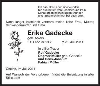 Traueranzeige von Erika Gadecke von ALLGEMEINE ZEITUNG UELZEN