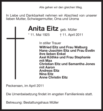 Traueranzeige von Anita Eitz von ALLGEMEINE ZEITUNG UELZEN