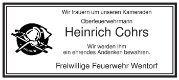 Traueranzeige von Heinrich Cohrs von ALLGEMEINE ZEITUNG UELZEN