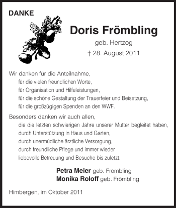 Traueranzeige von Doris Frömbling von ALLGEMEINE ZEITUNG UELZEN