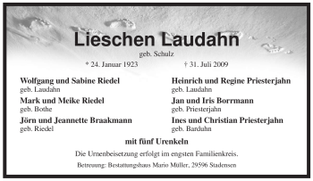 Traueranzeige von Lieschen Laudahn von ALLGEMEINE ZEITUNG UELZEN