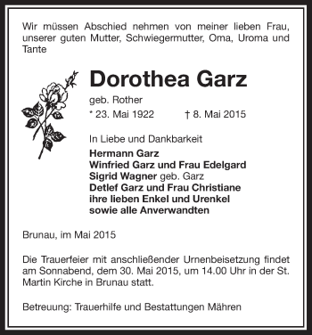 Traueranzeige von Dorothea Garz von Uelzen