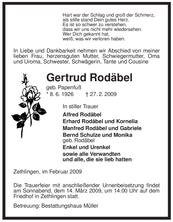Traueranzeige von Gertrud Rodäbel von ALLGEMEINE ZEITUNG UELZEN