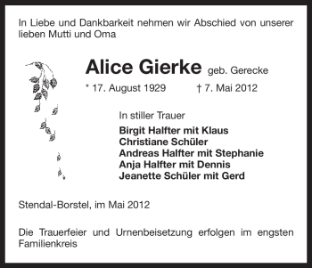 Traueranzeige von Alice Gierke von ALLGEMEINE ZEITUNG UELZEN