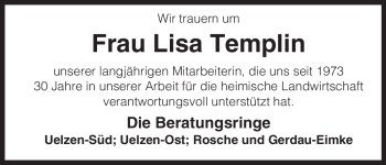 Traueranzeige von Lisa Templin von ALLGEMEINE ZEITUNG UELZEN