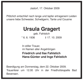 Traueranzeige von Ursula Gragert von ALLGEMEINE ZEITUNG UELZEN