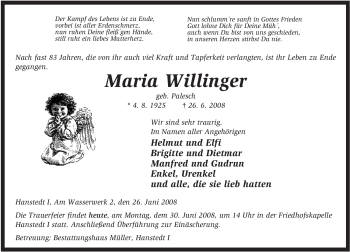 Traueranzeige von Maria Willinger von ALLGEMEINE ZEITUNG UELZEN