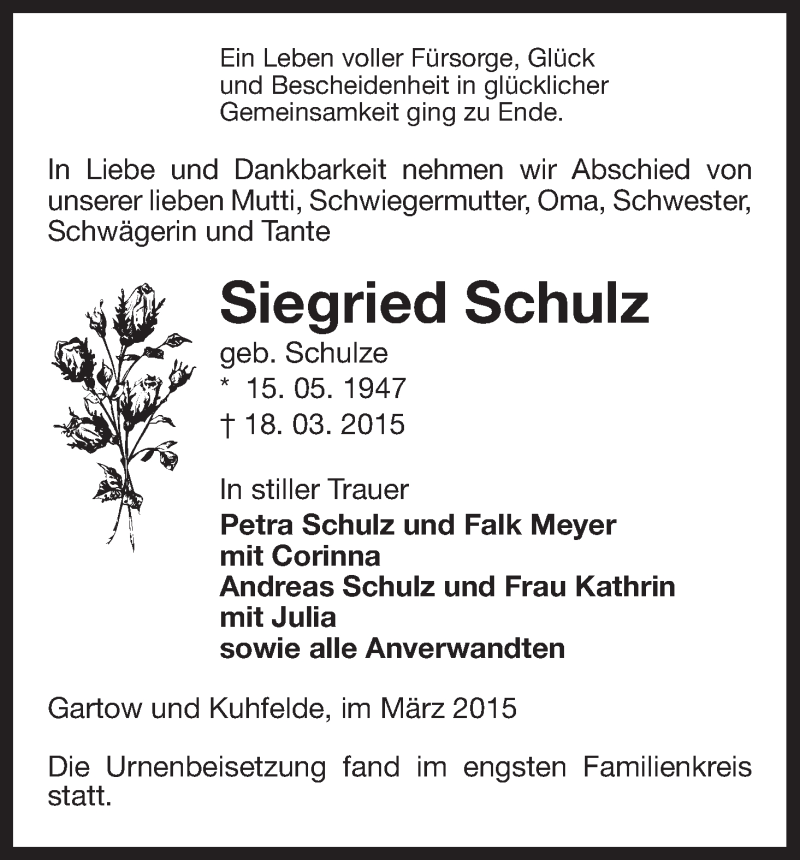  Traueranzeige für Siegried Schulz vom 28.03.2015 aus Uelzen