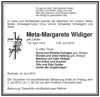 Traueranzeige von Meta-Margarete Widiger von ALLGEMEINE ZEITUNG UELZEN