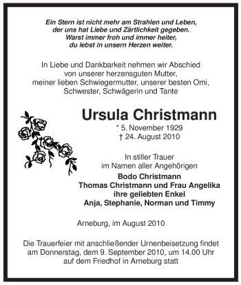 Traueranzeige von Ursula Christmann von ALLGEMEINE ZEITUNG UELZEN