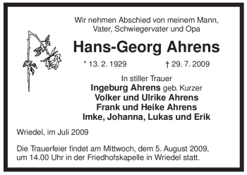 Traueranzeige von Hans-Georg Ahrens von ALLGEMEINE ZEITUNG UELZEN