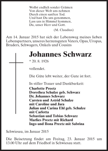 Traueranzeige von Johannes Schwarz von Uelzen