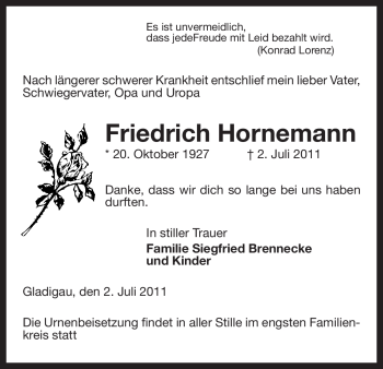 Traueranzeige von Friedrich Hornemann von ALLGEMEINE ZEITUNG UELZEN