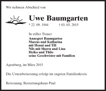 Traueranzeige von Uwe Baumgarten von Uelzen