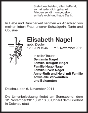 Traueranzeige von Elisabeth Nagel von ALLGEMEINE ZEITUNG UELZEN