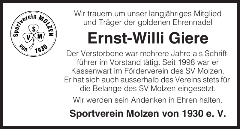  Traueranzeige für Ernst-Willi Giere vom 13.04.2011 aus ALLGEMEINE ZEITUNG UELZEN