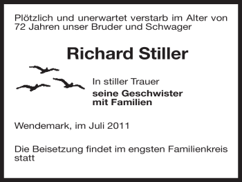 Traueranzeige von Richard Stiller von ALLGEMEINE ZEITUNG UELZEN