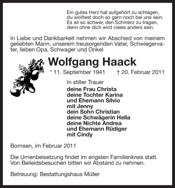 Traueranzeige von Wolfgang Haack von ALLGEMEINE ZEITUNG UELZEN