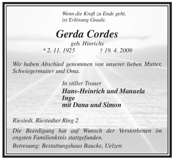 Traueranzeige von Gerda Cordes von ALLGEMEINE ZEITUNG UELZEN