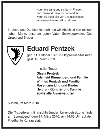 Traueranzeige von Eduard Pentzek von ALLGEMEINE ZEITUNG UELZEN