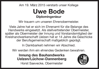 Traueranzeige von Uwe Bode von Uelzen