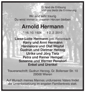 Traueranzeige von Arnold Hermann von ALLGEMEINE ZEITUNG UELZEN