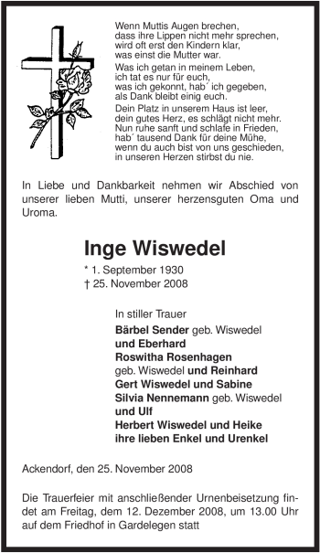 Traueranzeige von Inge Wiswedel von ALLGEMEINE ZEITUNG UELZEN