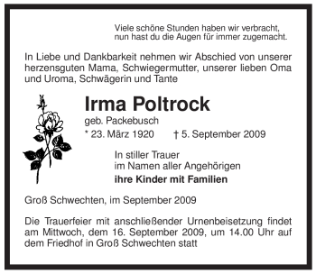 Traueranzeige von Irma Poltrock von ALLGEMEINE ZEITUNG UELZEN