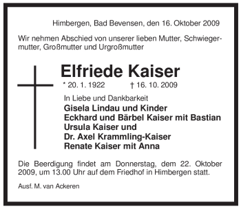 Traueranzeige von Elfriede Kaiser von ALLGEMEINE ZEITUNG UELZEN