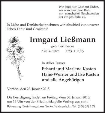 Traueranzeige von Irmgard Ließmann von Uelzen