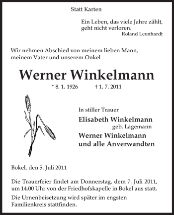 Traueranzeige von Werner Winkelmann von ALLGEMEINE ZEITUNG UELZEN