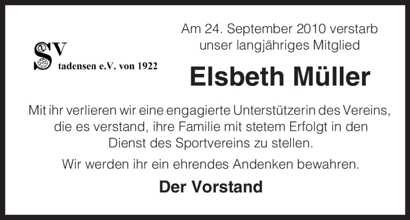  Traueranzeige für Elsbeth Müller vom 29.09.2010 aus ALLGEMEINE ZEITUNG UELZEN