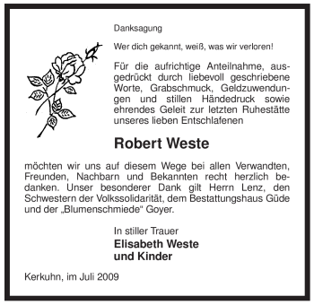 Traueranzeige von Robert Weste von ALLGEMEINE ZEITUNG UELZEN