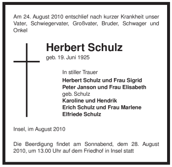 Traueranzeige von Herbert Schulz von ALLGEMEINE ZEITUNG UELZEN