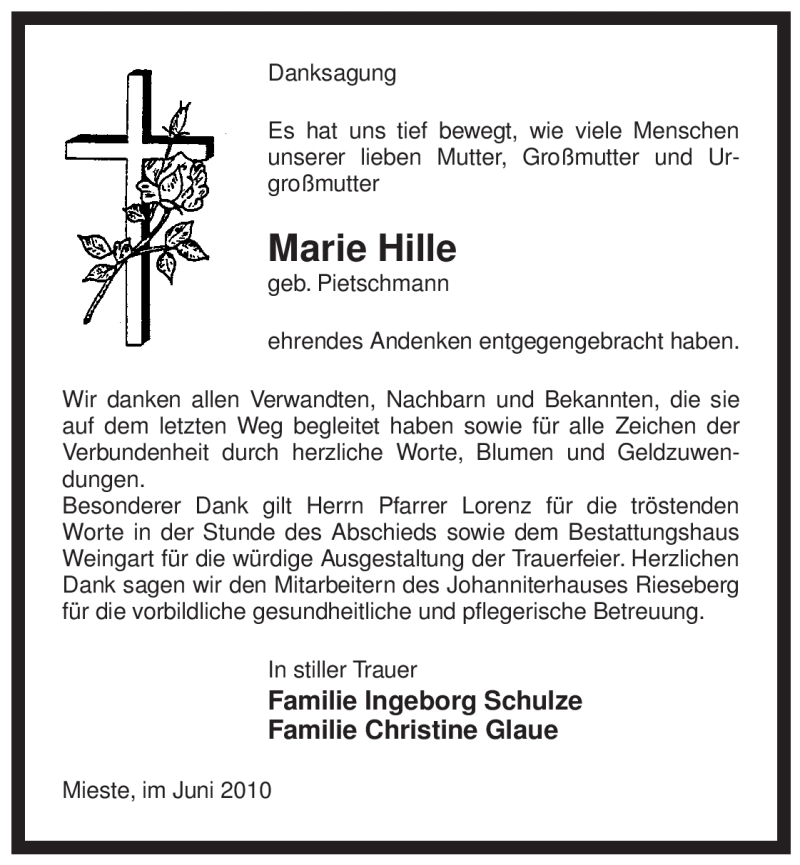  Traueranzeige für Marie Hille vom 30.06.2010 aus ALLGEMEINE ZEITUNG UELZEN