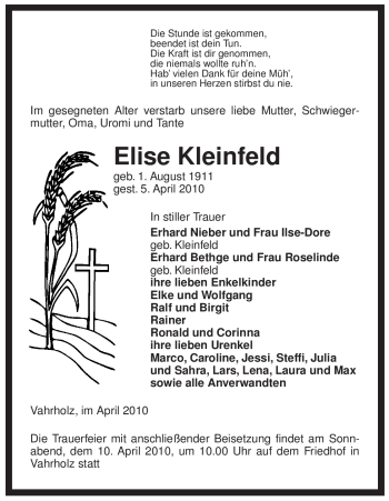 Traueranzeige von Elise Kleinfeld von ALLGEMEINE ZEITUNG UELZEN