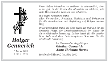 Traueranzeige von Holger Gennerich von ALLGEMEINE ZEITUNG UELZEN