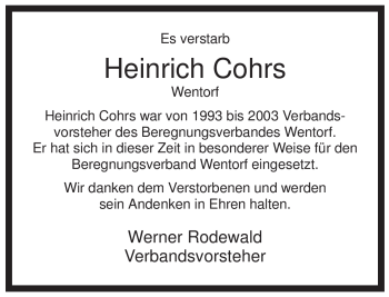 Traueranzeige von Heinrich Cohrs von ALLGEMEINE ZEITUNG UELZEN